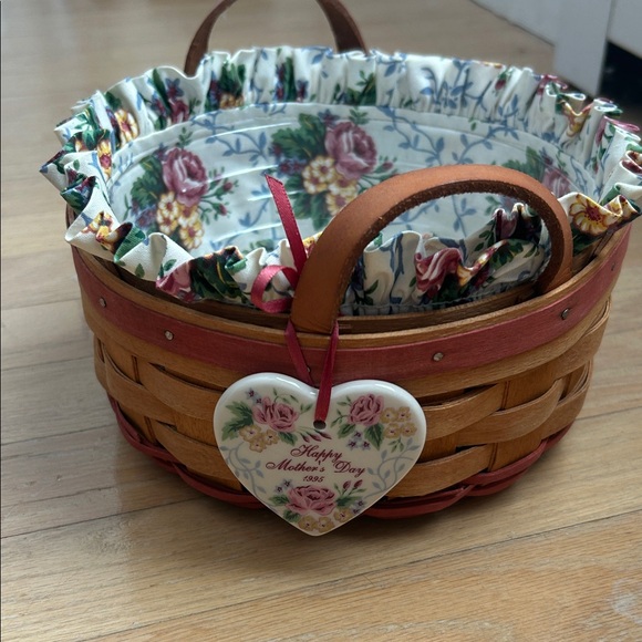 Longaberger Other - Longaberger Brown Basket with Floral Lining and Heart Tag